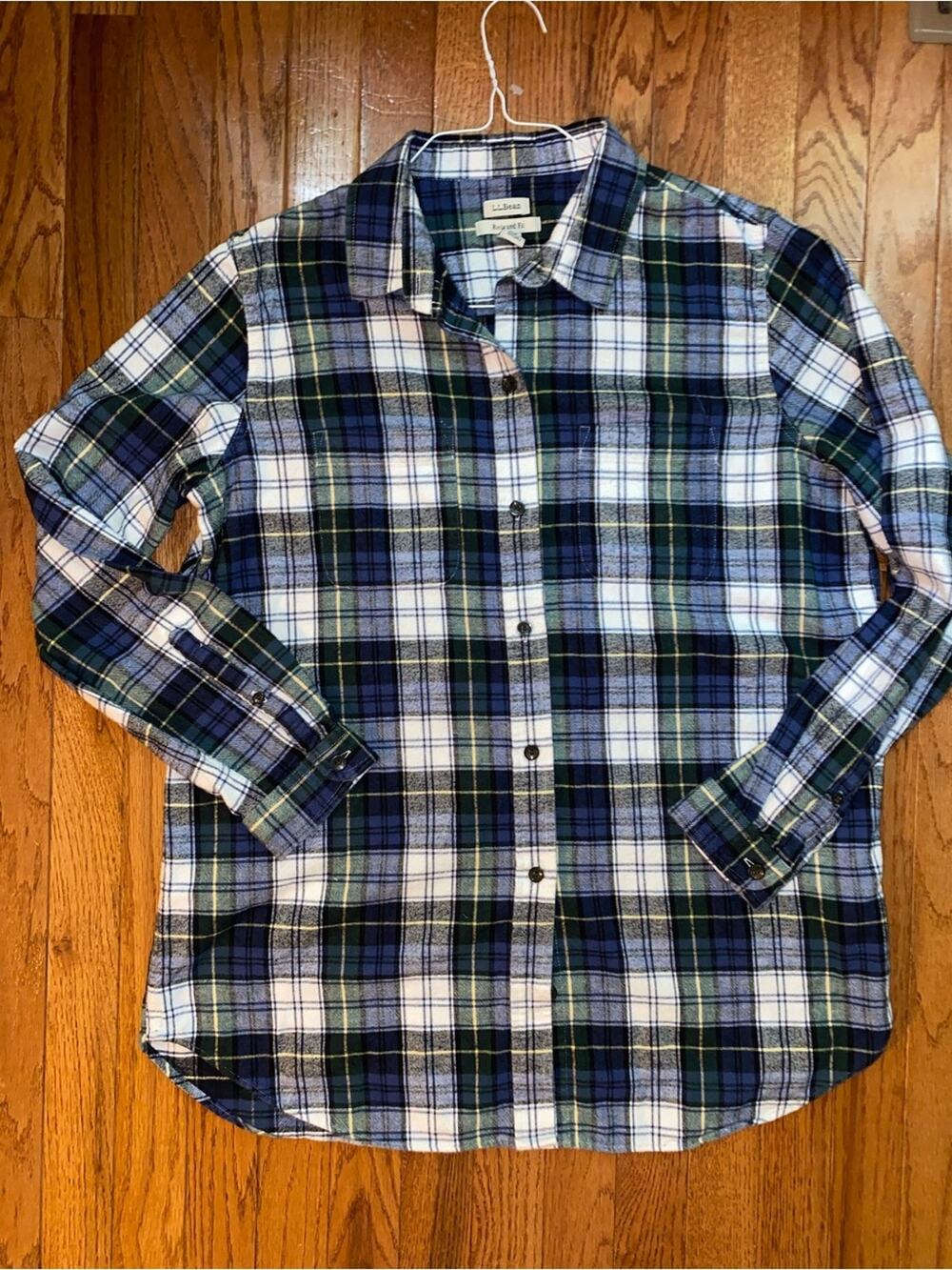 LLBean $80 Scotch Plaid Flannel Tunic Shirt Navy Green Large EUC